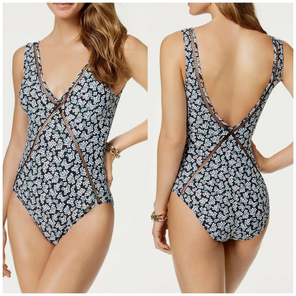 Michael Kors Navy Floral Deep V-neck One-Piece Swimsuit with Navy Trim